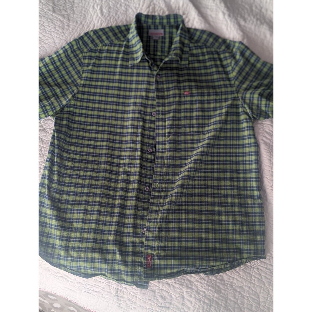 Quicksilver Shirt XXLarge Lime Green Blue Button Up Short Sleeve Mens